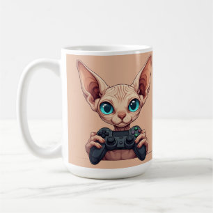 Mug Chat Sphynx tenant une manette de jeu