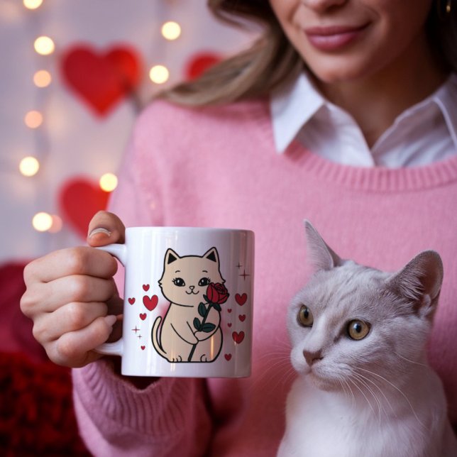 Mug Chat tenant une rose avec des cœurs rouges pour la (Créateur téléchargé)
