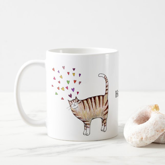 Mug Chat tigré brun avec nom personnalisé Cœurs  (Avec donut)
