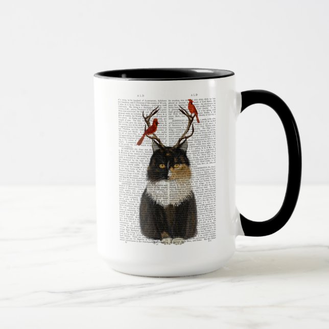Mug Chat Tortoiseshell avec Antlers et Red Birds (Droite)