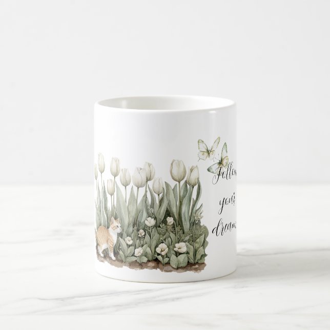 Mug Chat Tulipes Fleurs Menthe Papillons Blancs (Centre)