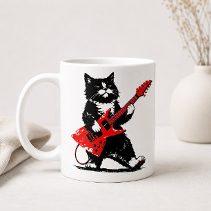 Mug Chat Tuxedo Cool Jouant de Guitare Électrique Roug
