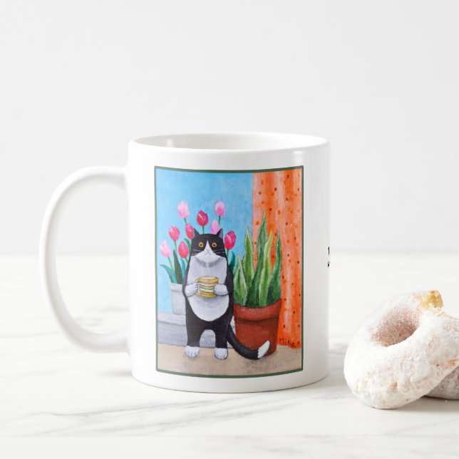 Mug Chat Tuxedo noir et blanc Cadeau de chat drôle et  (Avec donut)