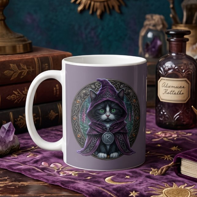 Mug Chat Tuxedo Whimsigoth Anniversaire Dark Academia (Lunar Anglo Saxon Rad Rune Celtic Kitten Druid Pagan Design for safe travels & journeys mug birthday)
