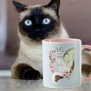 Mug Chat vert blanc Lune Papillon de nuit