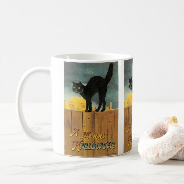 Mug Chat vintage Joyeux Halloween par Ellen Clapsaddle (Avec donut)