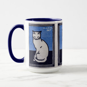 Mug Chat vintage sur fond bleu - Peinture de Julie de