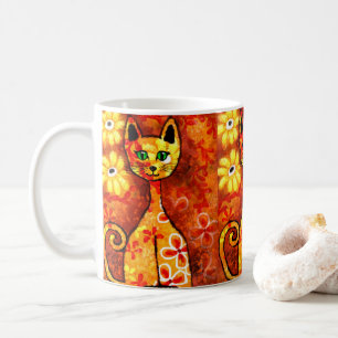 Mug Chat Whimsical Rétro Kitty Floral Orange Jaune Rou