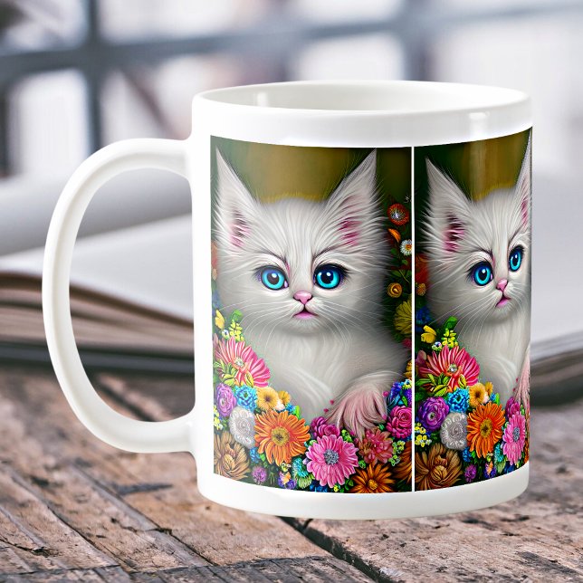 Mug Chaton Blanc Avec Fleurs (Créateur téléchargé)