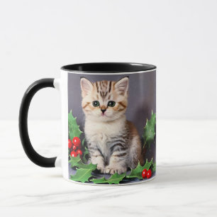 Mug Chaton de Noël vintage et houx