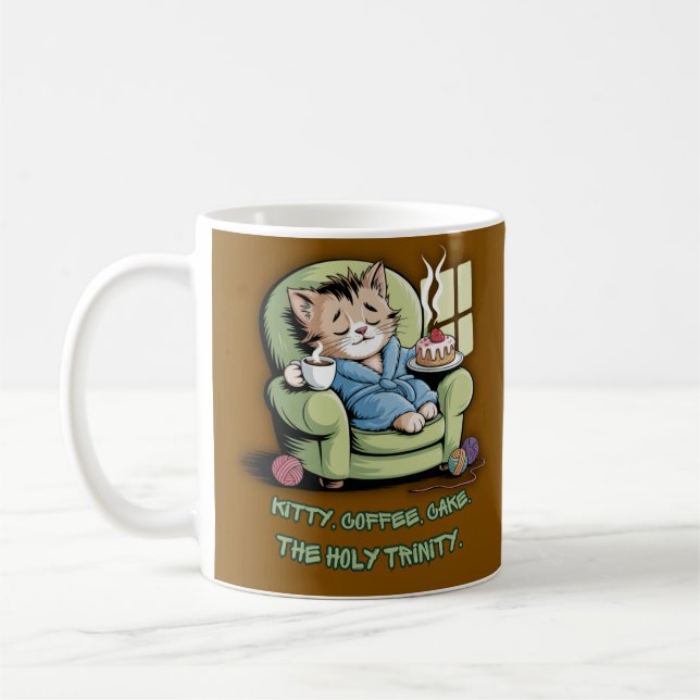 Mug Chaton Douillet avec Café et Gâteau – Chat Drôle (Gauche)