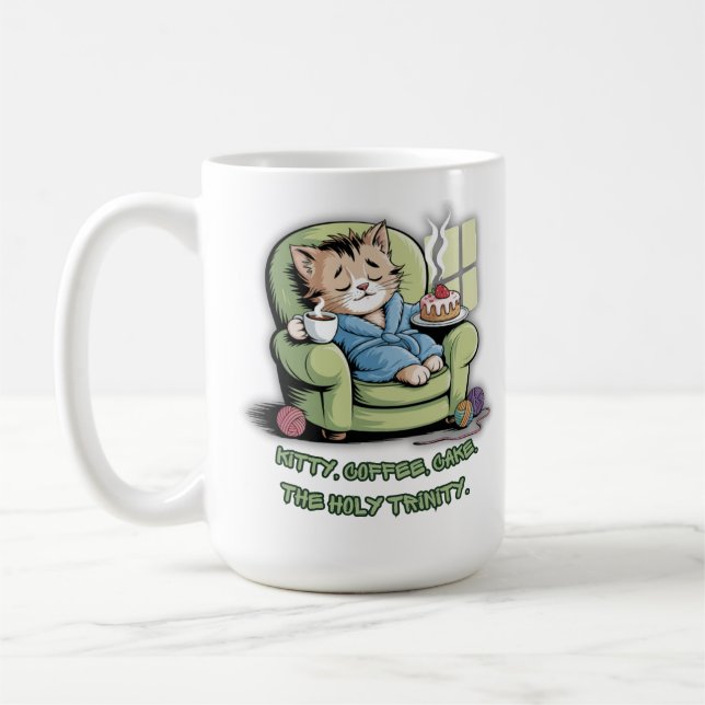 Mug Chaton Douillet avec Café et Gâteau – Chat Drôle (Gauche)