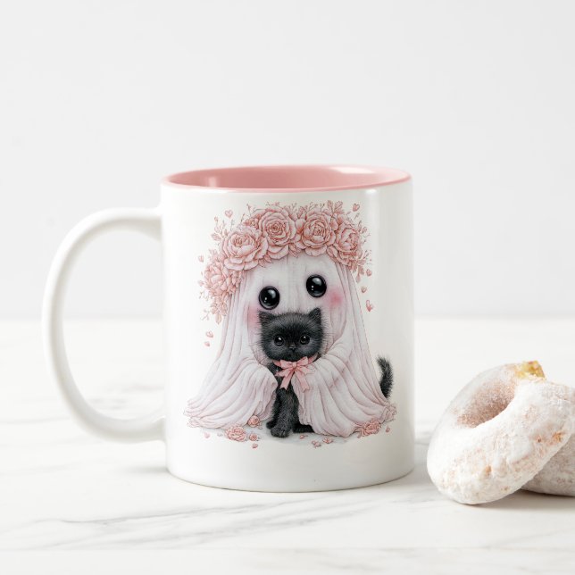 Mug Chaton Fantôme Mignon - Halloween Parfait (Avec donut)