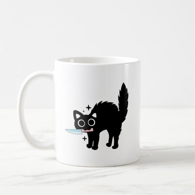 Mug Chaton noir drôle Danger, joli chat tenant un cout (Gauche)