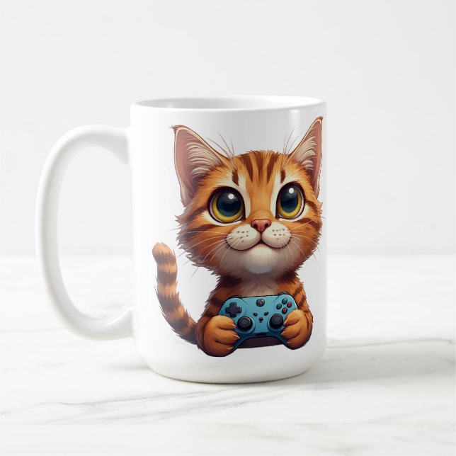 Mug Chaton orange tenant une manette de jeu Chat joueu (Gauche)
