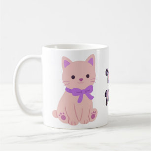 Mug Chaton Rose Assis Mignon Kawaii avec Nœud Papi