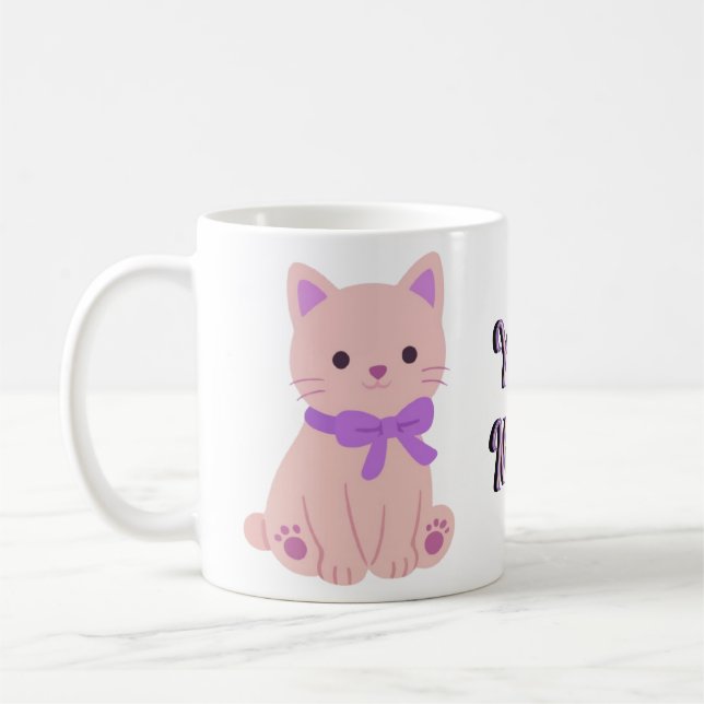 Mug Chaton Rose Assis Mignon Kawaii avec Nœud Papi (Gauche)