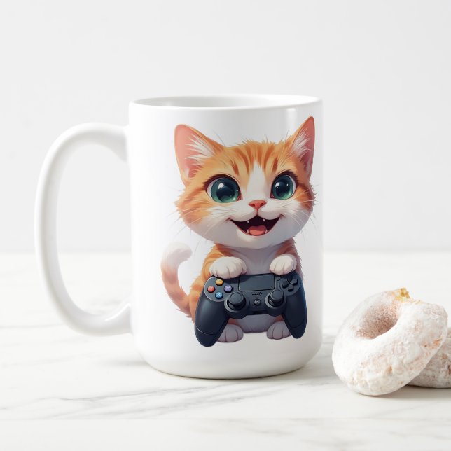 Mug Chaton tenant une manette de jeu Sourire Chat joue (Avec donut)
