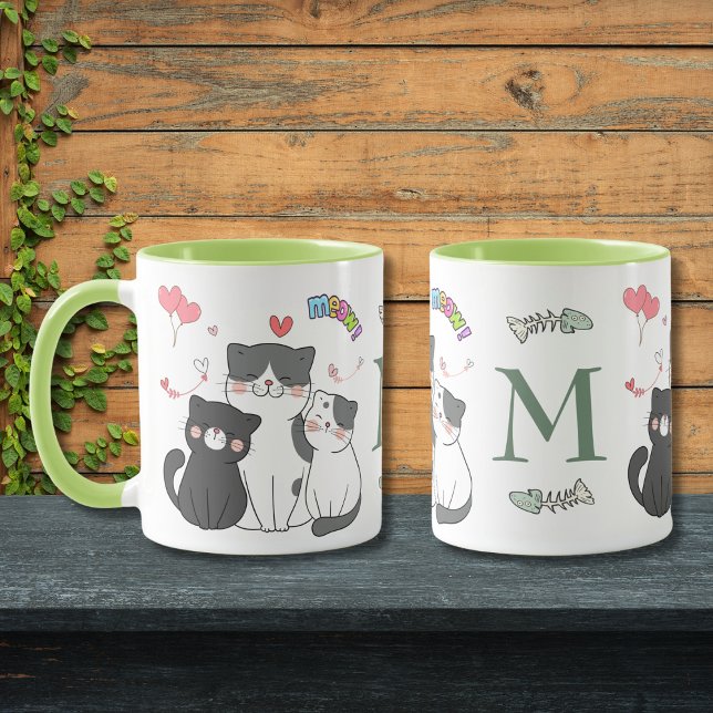 Mug Chatons Adorables Thème Monogramme Meow Coeurs  (Créateur téléchargé)