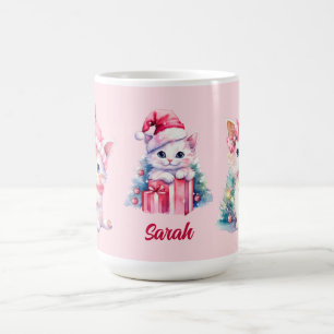 Mug Chatons de Noël rose mignon personnalisés