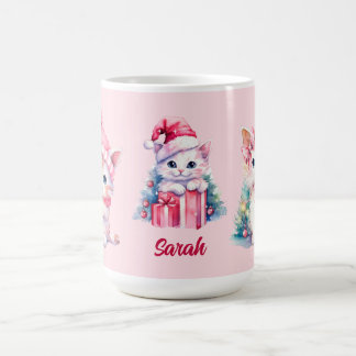 Mug Chatons de Noël rose mignon personnalisés