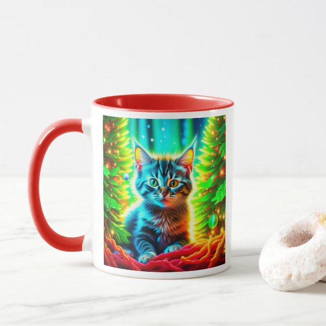 Mug Chatons gris mignons avec arbres de Noël (Avec donut)