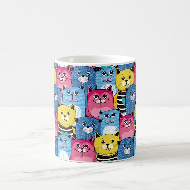 Mug Chats (A colorful mug featuring a playful pattern of cartoon cats in various colors and expressions.)