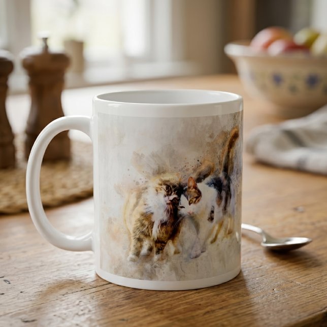 Mug Chats à l'aquarelle se câlinant dans l'art abstrai (Watercolor Cats Nuzzling in Soft Abstract Art. Coffee Mug)
