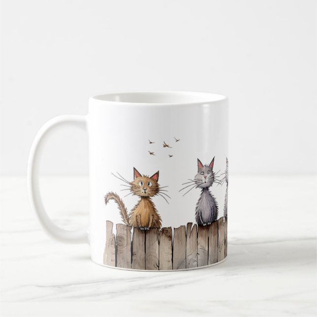 Mug Chats amusants sur la clôture mignons Animaux Anim (Gauche)