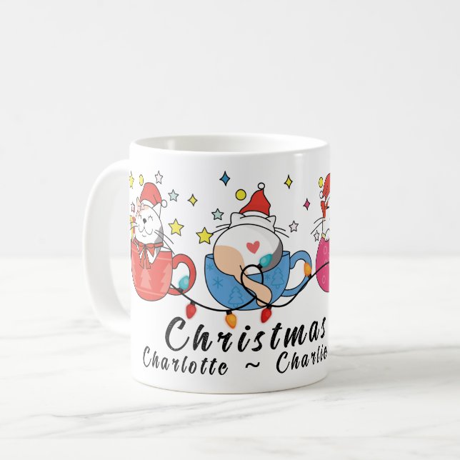 Mug Chats de Noël amusants I Fête de Noël Monogramme (Devant gauche)