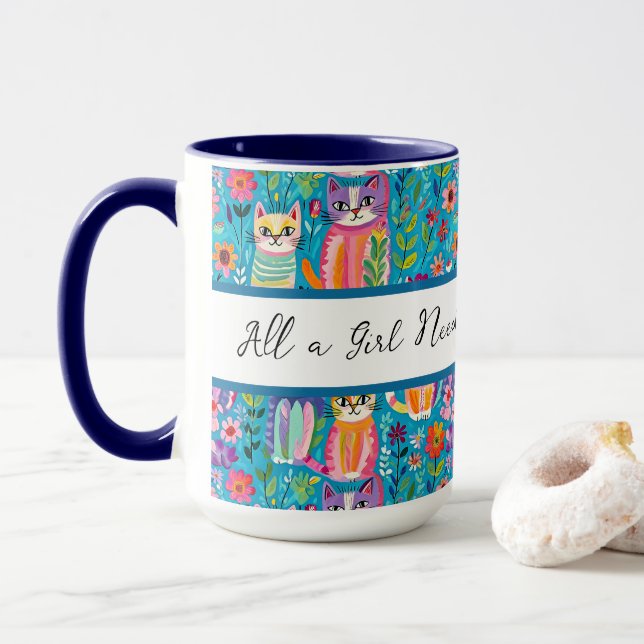 Mug Chats et fleurs colorés Anniversaire lunaire (Avec donut)