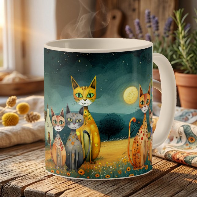 Mug Chats fantaisistes d'art folklorique de jardin de  (Artistic magical midnight mug featuring a fine art design with cute stylized cats)