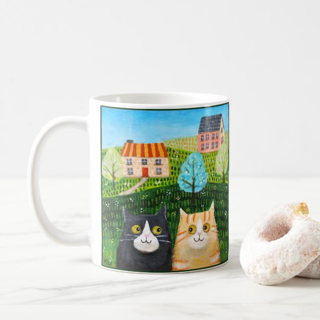 Mug Chats fantaisistes Folk Art Orange Tabby Smoking  (Avec donut)