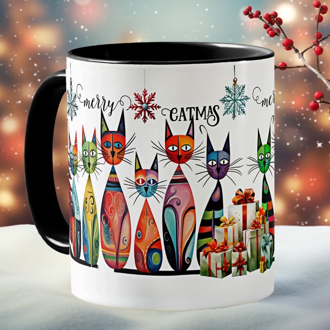 Mug Chats jolies et colorées Joyeux Noël (A whimsical and artistic mug featuring an illustration of cute colorful cats with Christmas trees)