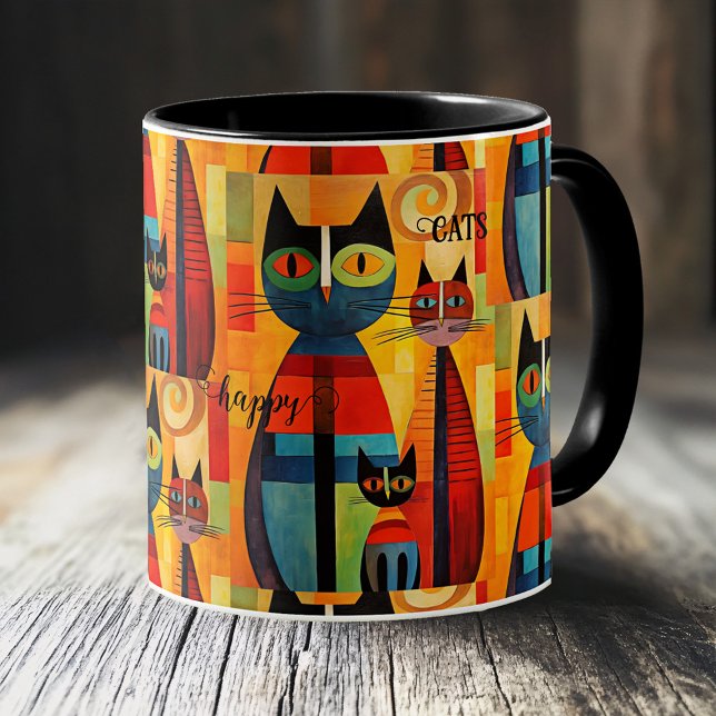 Mug Chats joyeux et colorés (Whimsical and artistic mug featuring an illustration of cute colorful cats, simply being happy)