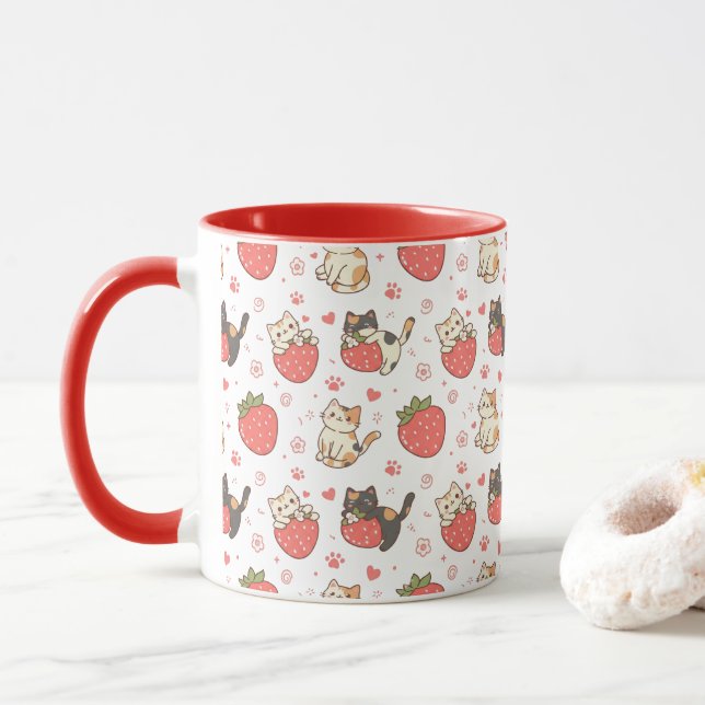 Mug Chats Kawaii & Fraises (Avec donut)
