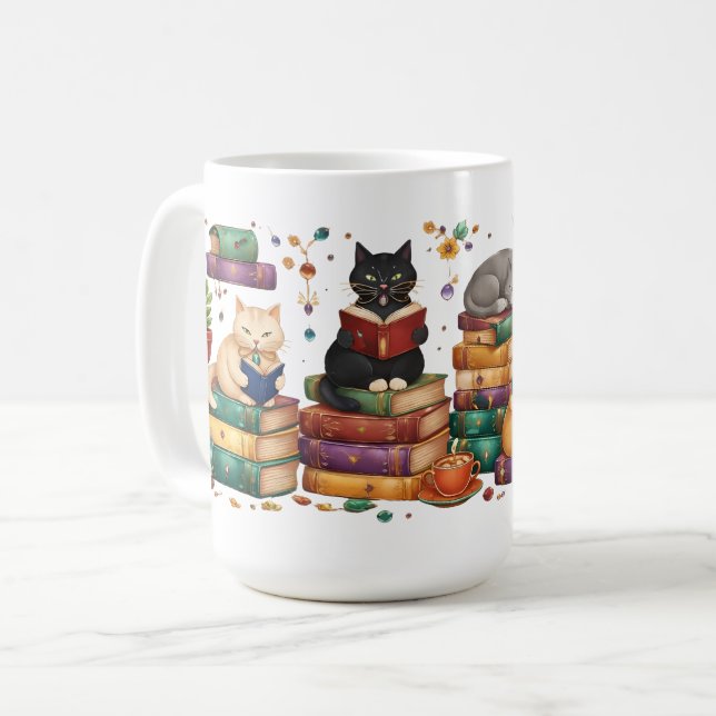 Mug Chats lisant des livres, scène de bibliothèque cos (Devant gauche)