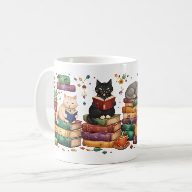 Mug Chats lisant des livres Scène de bibliothèque cosy (Devant gauche)