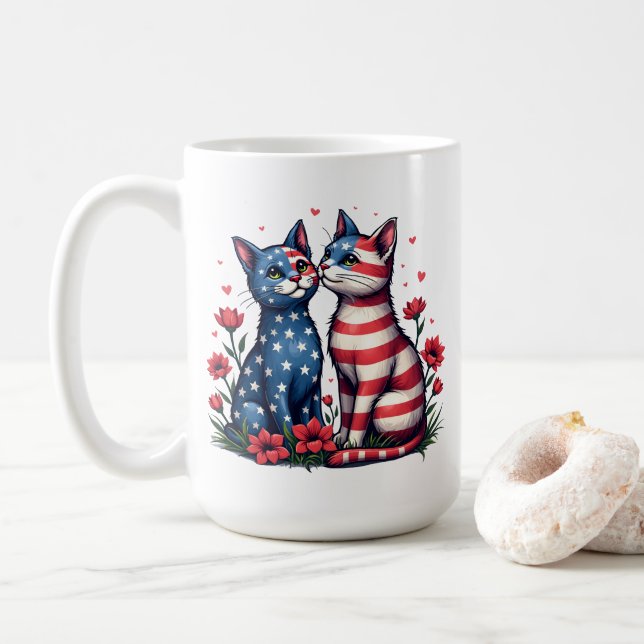 Mug Chats mignons Drapeau américain et Fleurs Patrioti (Avec donut)