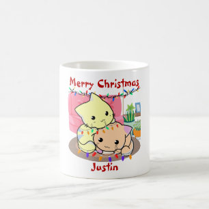 Mug Chats noël sur tapis, nom personnalisé
