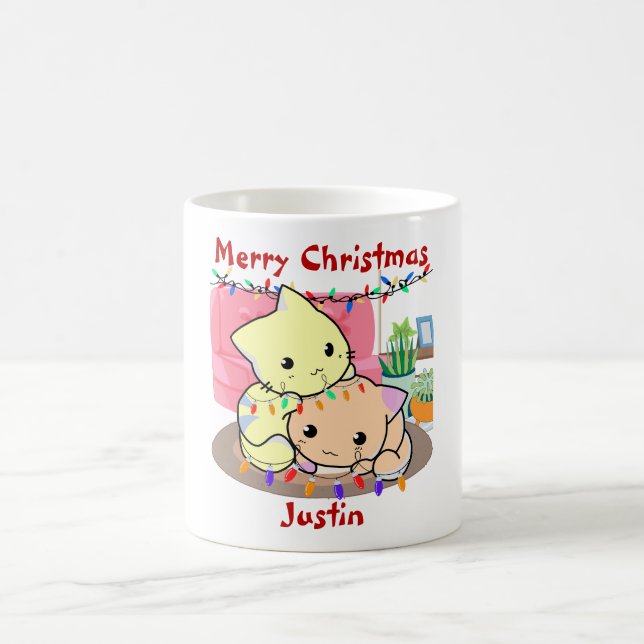 Mug Chats noël sur tapis, nom personnalisé (Centre)