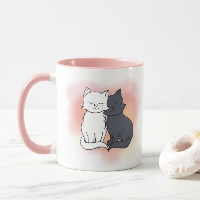 Mug Chats noirs et blancs dans l'amour Dreamy rose (Avec donut)