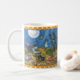 MUG CHATS NOIRS ET TÉMOIGNAGES EN FEUILLE, FUNNY HALLO