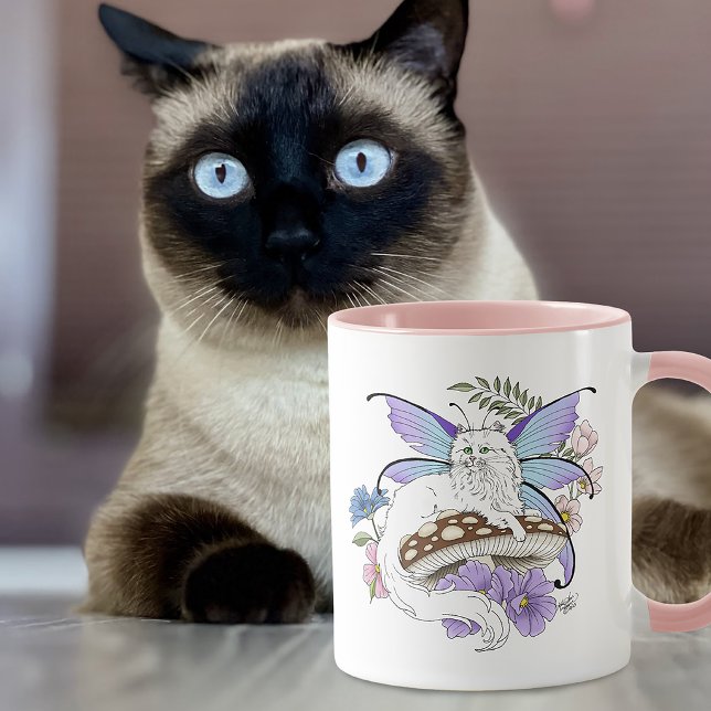 Mug Chatte Fée Blanche Fantaisiste Champignon Bleu Fan (Créateur téléchargé)
