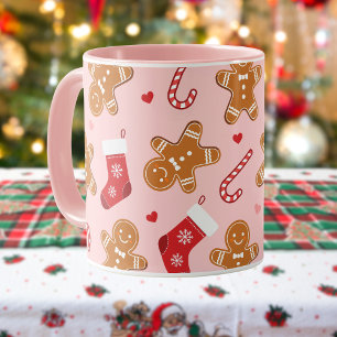 Mug Chaussettes de bonbon en pain d'épice de Noël Rose