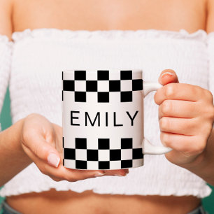 Mug Checkerboard moderne Ajouter un nom Noir Blanc