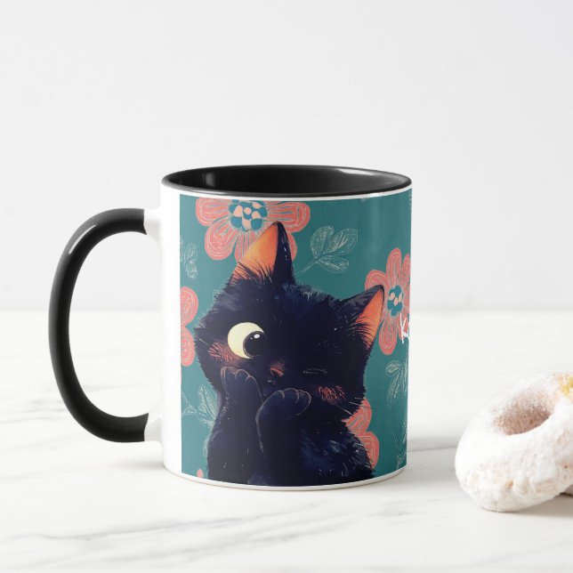 Mug Cheeky Little Black Kitten avec Arrière - plan flo (Avec donut)