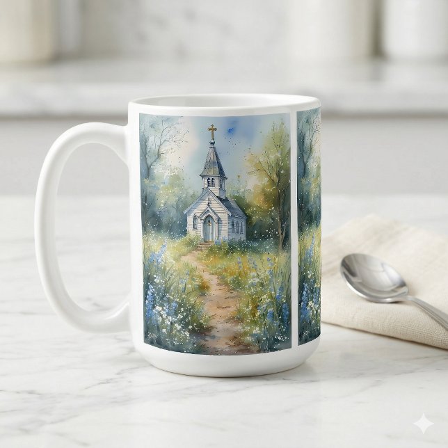 Mug Chemin rustique d'église dans une prairie de fleur (Rustic Church Path in Wildflower Meadow Coffee Mug On Kitchen Counter)