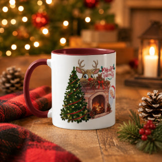 Mug Cheminée de Noël personnalisée avec rennes