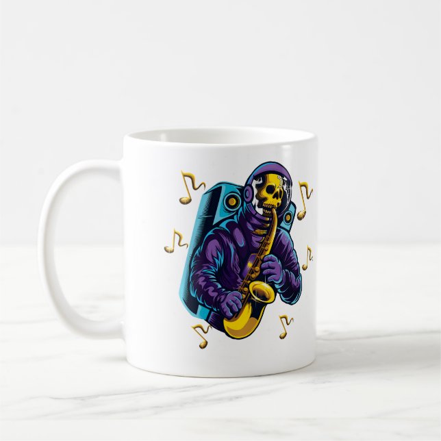 Mug Chemise d'astronaute Crâne Jouant du Saxophone Dan (Gauche)
